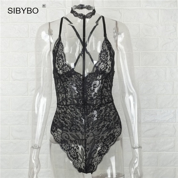 Sibybo Black Lace Halter Autumn Bodysuit Women 2017 See Through Summer Playsuit Mesh Sexy Bodycon Rompers Jumpsuits Bodysuits