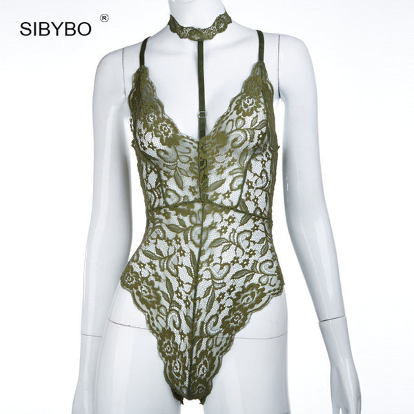 Sibybo Black Lace Halter Autumn Bodysuit Women 2017 See Through Summer Playsuit Mesh Sexy Bodycon Rompers Jumpsuits Bodysuits