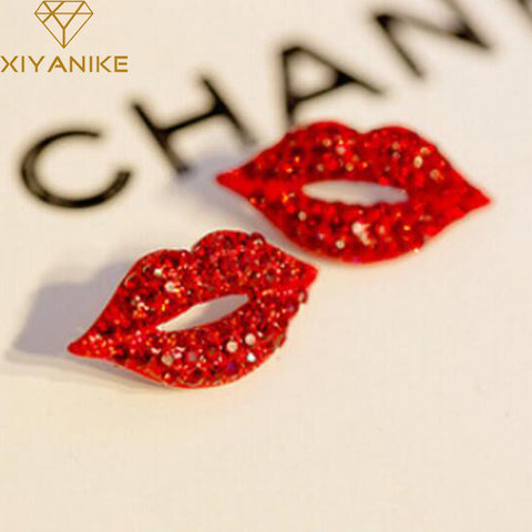 New Fashion Big Brand Classic Luxurious Elegant Sexy Women Red Lip Rhinestone Earrings For Women Girls High Quality XY-E478
