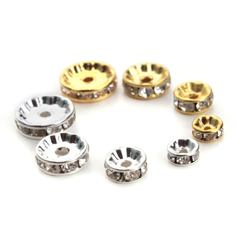 50pcs Metal Flat Gold Silver Color Rhinestone Rondelles Crystal Bead Loose Spacer Beads 6mm 8mm 10mm 12mm for DIY Jewelry Making