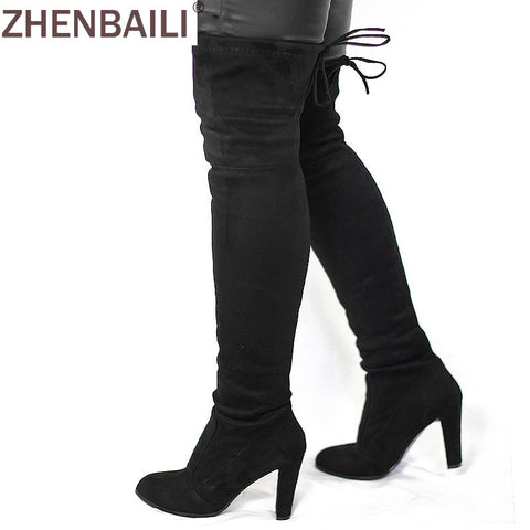 Women Faux Suede Thigh High Boots Fashion Over the Knee Boot Stretch Flock Sexy Overknee High Heels Woman Shoes Black Red Gray