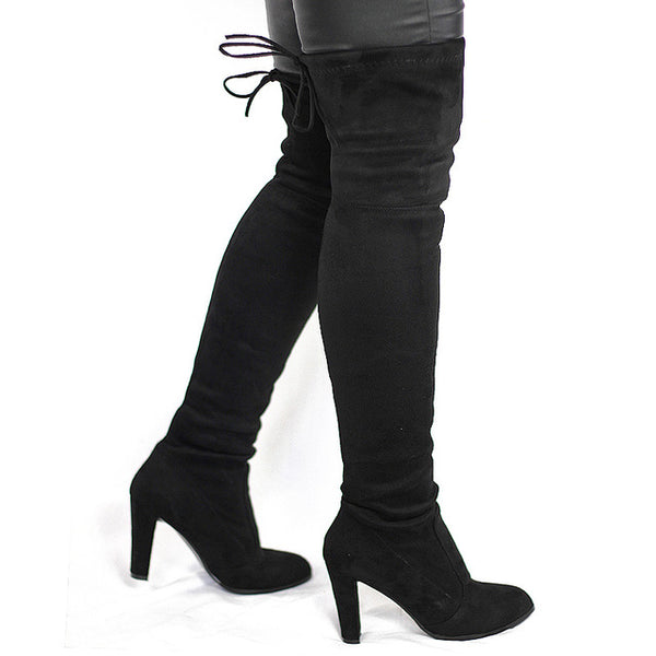 Women Faux Suede Thigh High Boots Fashion Over the Knee Boot Stretch Flock Sexy Overknee High Heels Woman Shoes Black Red Gray