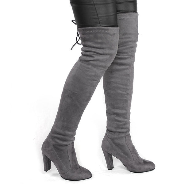 Women Faux Suede Thigh High Boots Fashion Over the Knee Boot Stretch Flock Sexy Overknee High Heels Woman Shoes Black Red Gray