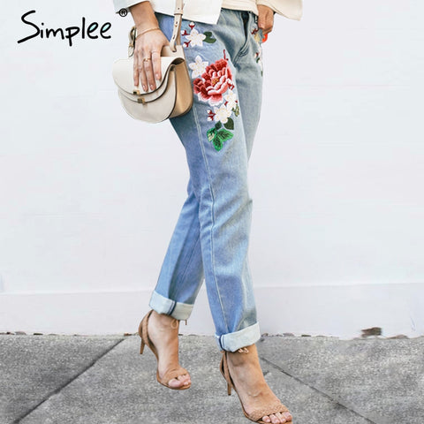 Simplee Floral embroidery jeans female Winter zipper straight denim pants jeans women Fashion pocket light blue trousers jeans