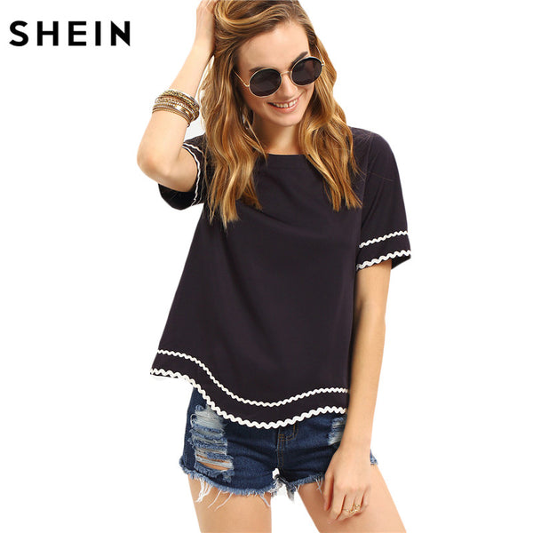 SHEIN Women New Arrival Fashion Tops Ladies Tee Shirts Round Neck Navy Waved Print Trim Short Sleeve Casual T-shirt