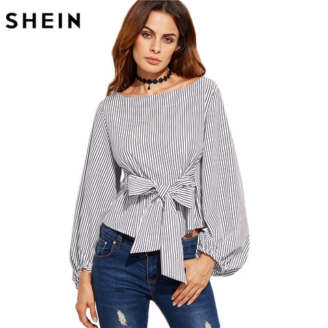SHEIN Women Blouses Black and White Striped Long Sleeve Womens Tops Ladies Shirts Autumn Bow Tie Front Elegant Blouse
