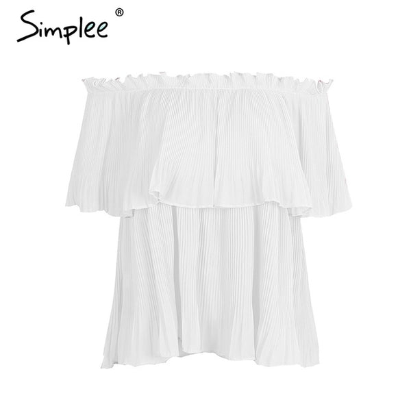 Simplee Off shoulder ruffle chiffon blouse shirt Casual loose pleated short sleeve shirt women tops Summer beach white bluasa