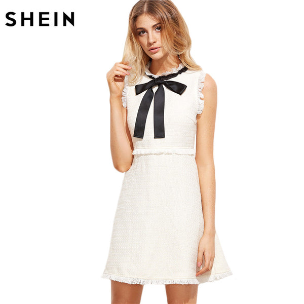 SHEIN Autumn Dresses Women 2016 Ladies White Party Dresses Bow Tie Neck Sleeveless Elegant Frayed Trim Tweed Dress