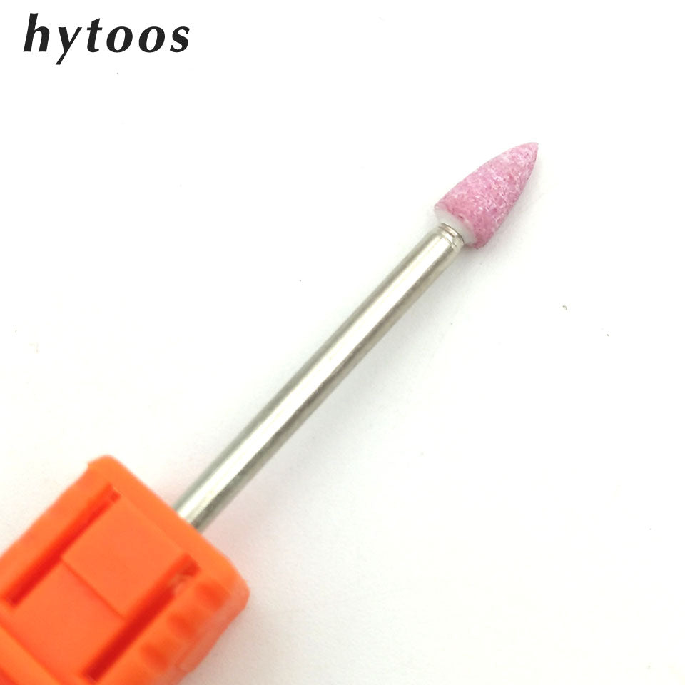 HYTOOS Pink Ceramic Stone Spear Nail Drill Bit 3/32" Rotary Burr Corundum Bits For Manicure Drill Accessory Tools Nail Mill