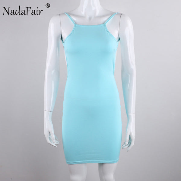 Nadafair 95% Cotton Spaghetti Strap Black Sexy Club Backless Bodycon Dress Women Summer Beach Casual Mini Dress