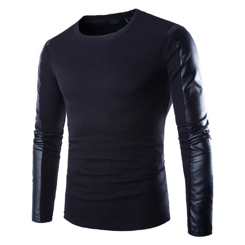 Mens Leather Sweatshirt Black Long Sleeve Pullover PU Patchwork Leather Wear Fitness Compression Shirt Men Pullover Clothing 2XL
