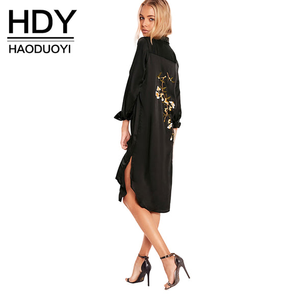 HDY Haoduoyi Women Black Embroidery Shirt Dress Casual Button Down Loose Fit Party Dress Long Sleeves Split Office Work Dress