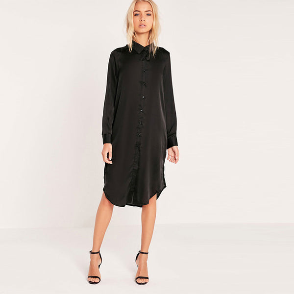 HDY Haoduoyi Women Black Embroidery Shirt Dress Casual Button Down Loose Fit Party Dress Long Sleeves Split Office Work Dress