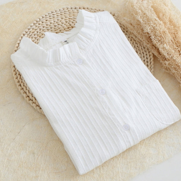 White Blouse Women Work Wear Button Up Lace Turn Down Collar Long Sleeve Cotton Top Shirt Plus Size S-XXL blusas feminina T56302