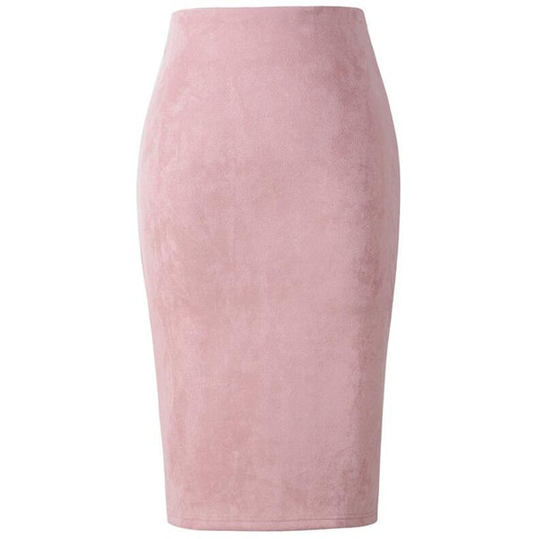 Neophil 2017 Winter Gray Pink Women Suede Midi Pencil Skirts Causal High Waist Sexy Stretch Ladies Office Work Wear Saia S1009