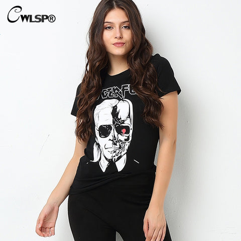 CWLSP Women LAGERFELD Letter T-shirt 2017 New Skull Printed Black Punk Cotton T Shirts Womens Tops Brand Size Tee Top QA925