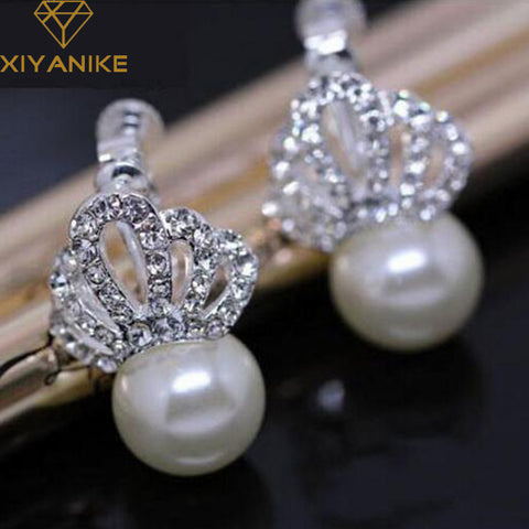 New Fashion Unique Inlay Crystal Crown Queen Jewelry Earrings Fashion Pearl Ear Stud For Women XY-E980