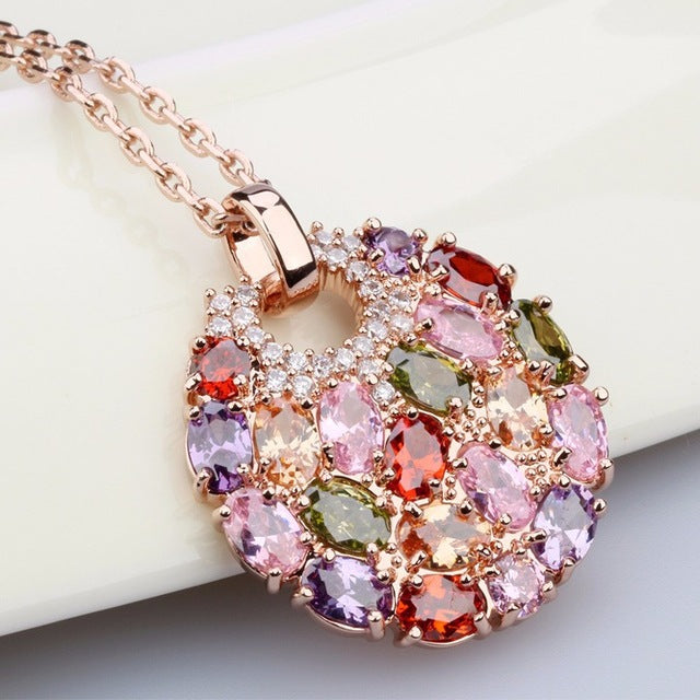 Luoteemi Newest Arrival Luxury Rose Gold Color Multicolor Cubic Zirconia Big Round Necklace Pendants for Women Fashion Jewelry