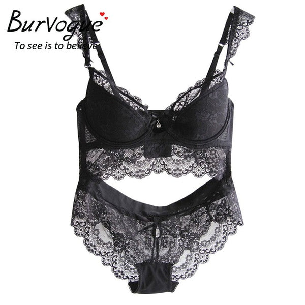 Burvogue New Lace Lingerie Bra Set Women Sexy Bra Set Push Up Bras Underwear Sets Plus size Adjustable Bras and Panties Set