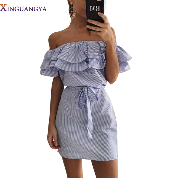 2017 Summer dress Girls Bandage Striped Party Dresses Sexy Ruffles Shoulder-Off Shirt dress Women Bodycon Dresses Vestido