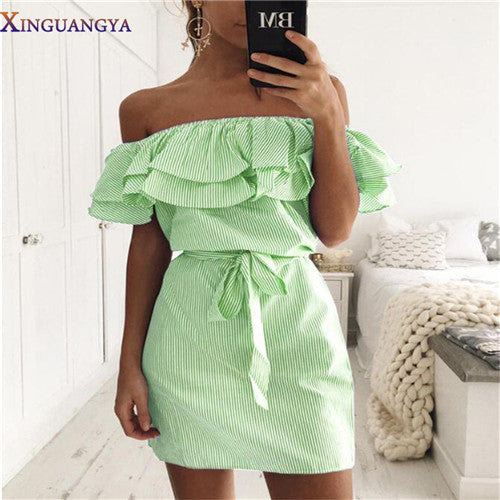 2017 Summer dress Girls Bandage Striped Party Dresses Sexy Ruffles Shoulder-Off Shirt dress Women Bodycon Dresses Vestido