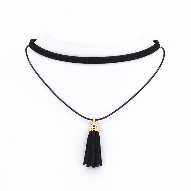 Hot Fashion Collar Torques Statement Pure Black Velvet Leather Tassel Pendant Multilayer Chokers Necklace For Women 2017 Jewelry