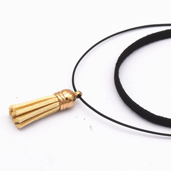 Hot Fashion Collar Torques Statement Pure Black Velvet Leather Tassel Pendant Multilayer Chokers Necklace For Women 2017 Jewelry