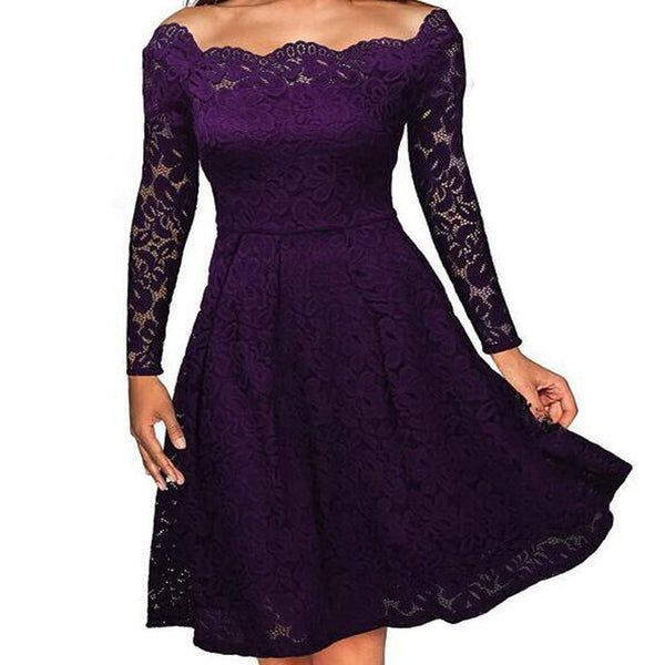 Softu Sexy Lace Dress Hollow Out Slash Neck Party Dress Off the Shoulder Black Dresses Long Sleeve High Waisted Summer Vestido