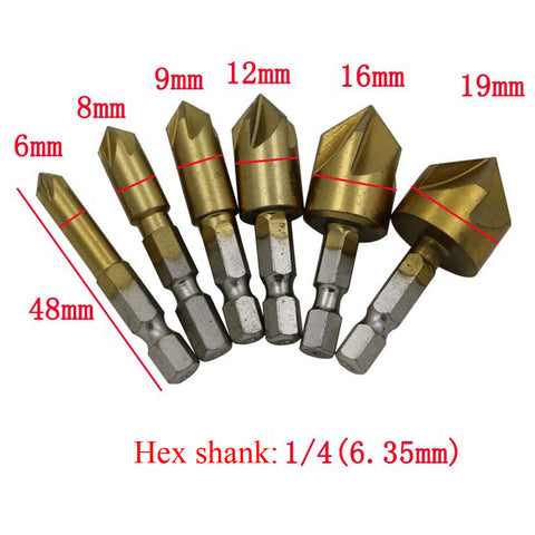 New 6PCS 5 Flute Chamfer Countersink 1/4" Hex Shank HSS Wood Chamfering Cutter Chamfer 6mm-19mm Countersink Drill Bit