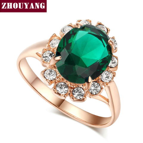 ZHOUYANG Top Quality Rose Gold Color Created Green Crystal Finger Rings Elegant Brand Jewelry CZ Austrian Crystal For Women R088