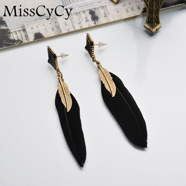 MissCyCy New Arrival Bohemian Ethnic Jewelry Alloy Leaf Black Feather Earrings Women Blue Long Earrings Female Brincos