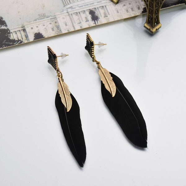 MissCyCy New Arrival Bohemian Ethnic Jewelry Alloy Leaf Black Feather Earrings Women Blue Long Earrings Female Brincos