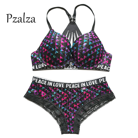 Pzalza Underwear Set Women Sexy Cute vs Pink Back Push Up Bra Set Lace Women Underwear Panty Set Front Closure Lingerie Bra