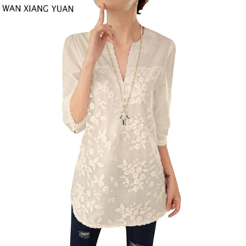 Women White Lace Blouse 2017 New Summer Korean Flower Print Long Sleeve V-neck Embroidered Shirt blusas bordadas