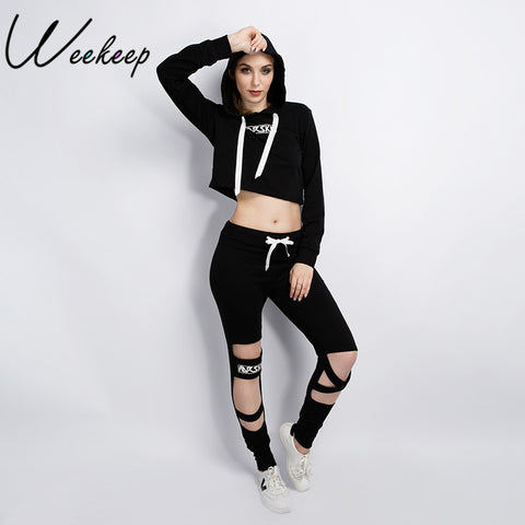 Weekeep 2017 Fashion 2 Piece Set Women Black Crop Top And Pants Suit Sexy Hollow Out Letter Print Casual 2 Pcs Set Tracksuit