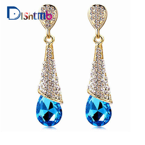 Free Shipping Austrian Long Blue Crystal Earrings Colorful Fancy Water Drop Earrings Elegant Earrings Jewelry for Women