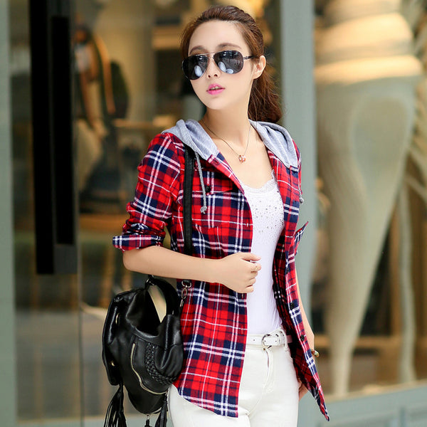 New Arrival 2017 Autumn Cotton Long Sleeve Red Checked Plaid Shirt Women Hoodie Casual Fit Blouse Plus Size Sweatshirt