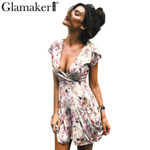 Glamaker Floral summer dress women Sexy boho deep v neck sundress casual dress Short sleeveless beach dress vestidos club party