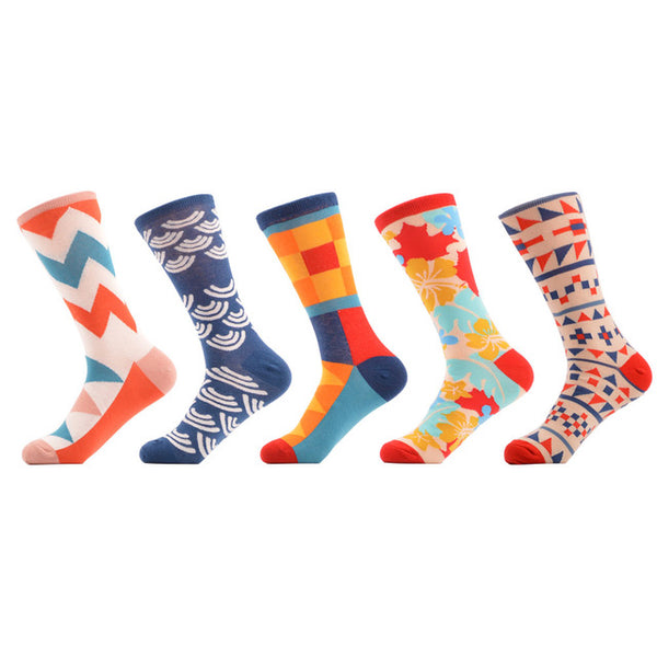 SANZETTI 5 Pairs/lot Men's Colorful Funny Combed Cotton Socks Argyle Filled Optic Striped Casual Dress Crew Socks Winter Socks