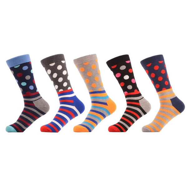 SANZETTI 5 Pairs/lot Men's Colorful Funny Combed Cotton Socks Argyle Filled Optic Striped Casual Dress Crew Socks Winter Socks