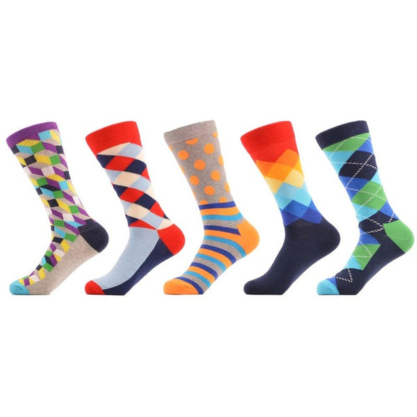SANZETTI 5 Pairs/lot Men's Colorful Funny Combed Cotton Socks Argyle Filled Optic Striped Casual Dress Crew Socks Winter Socks