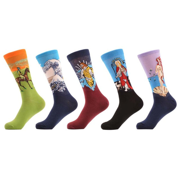 SANZETTI 5 Pairs/lot Men's Colorful Funny Combed Cotton Socks Argyle Filled Optic Striped Casual Dress Crew Socks Winter Socks