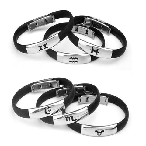 YYW New Hot Stainless Steel Silicone Bracelets Women Men Jewelry Clasp Black Rubber Bangle Zodiac Constellation Signs Bracelets