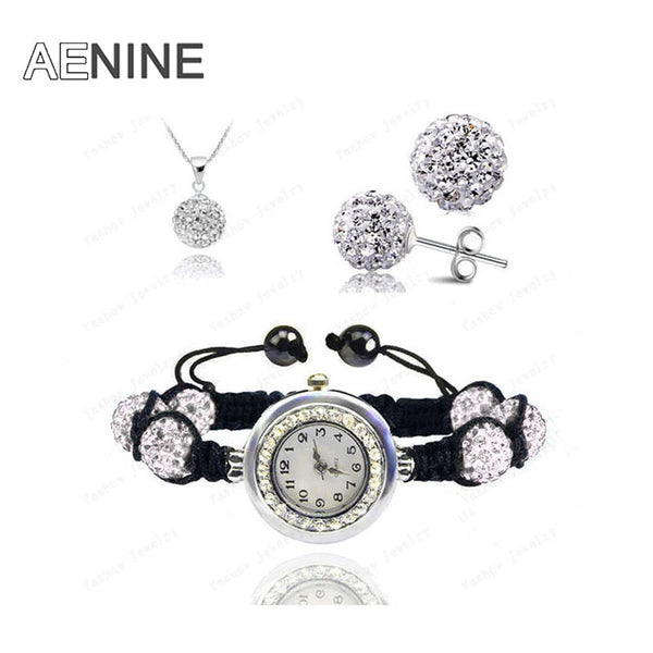 AENINE Watch Sets Necklace+Bracelet+Earrings Crystal Jewelry Watch Sets 10mm Micro Pave Disco Beads Crystal Jewelry Sets SHSE11