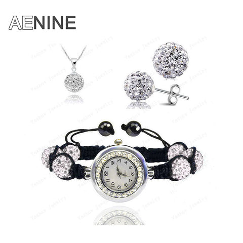AENINE Watch Sets Necklace+Bracelet+Earrings Crystal Jewelry Watch Sets 10mm Micro Pave Disco Beads Crystal Jewelry Sets SHSE11