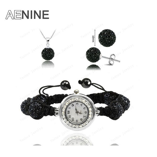 AENINE Watch Sets Necklace+Bracelet+Earrings Crystal Jewelry Watch Sets 10mm Micro Pave Disco Beads Crystal Jewelry Sets SHSE11