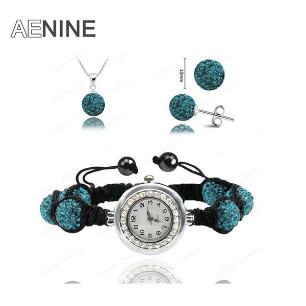 AENINE Watch Sets Necklace+Bracelet+Earrings Crystal Jewelry Watch Sets 10mm Micro Pave Disco Beads Crystal Jewelry Sets SHSE11