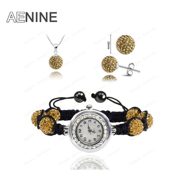 AENINE Watch Sets Necklace+Bracelet+Earrings Crystal Jewelry Watch Sets 10mm Micro Pave Disco Beads Crystal Jewelry Sets SHSE11