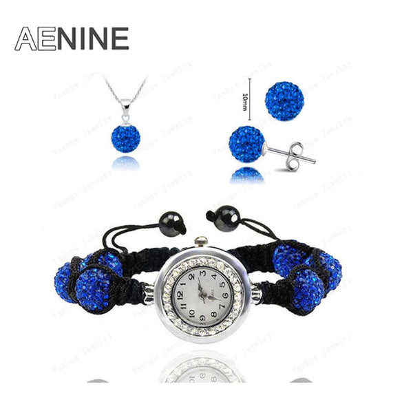 AENINE Watch Sets Necklace+Bracelet+Earrings Crystal Jewelry Watch Sets 10mm Micro Pave Disco Beads Crystal Jewelry Sets SHSE11