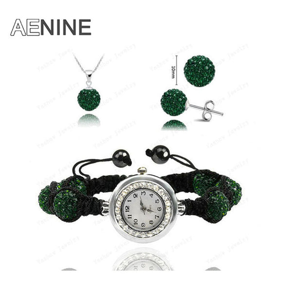 AENINE Watch Sets Necklace+Bracelet+Earrings Crystal Jewelry Watch Sets 10mm Micro Pave Disco Beads Crystal Jewelry Sets SHSE11